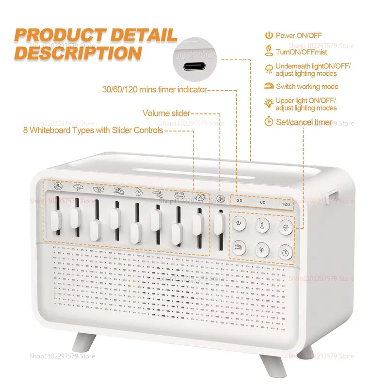 White Noise Sleep Sound Machine with Flame Air Diffuser Humidifier BT