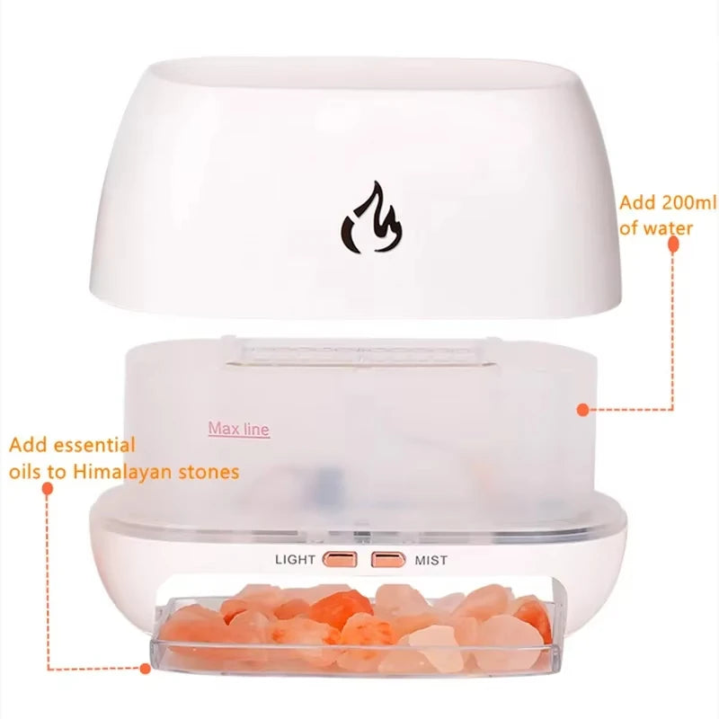 New 3D Flame Fire Aroma Air Humidifier Himalayan Crystal Salt Stone