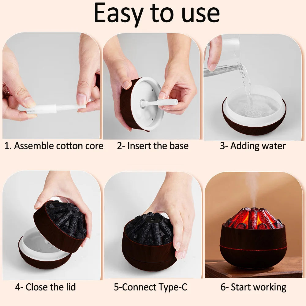 Charcoal Flame Humidifier, Aromatherapy Essential Oil Diffuser, 300ml